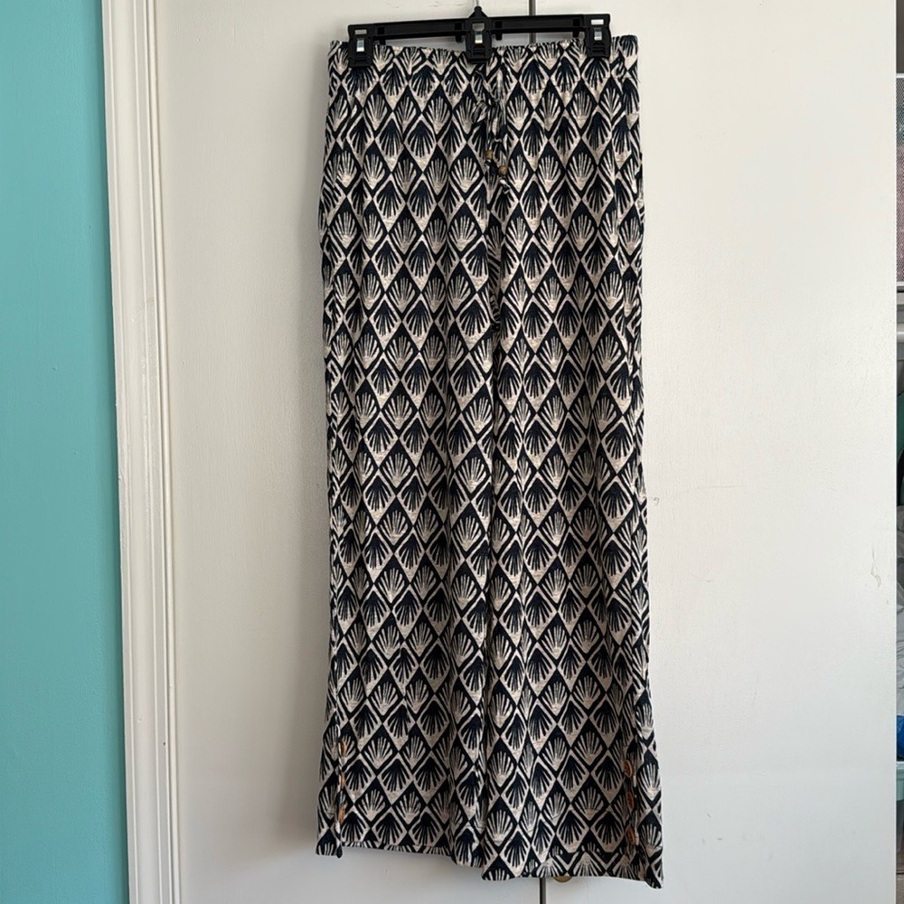 C&C California 100% Linen Wide Leg Pants Navy Cream Fan Print Small